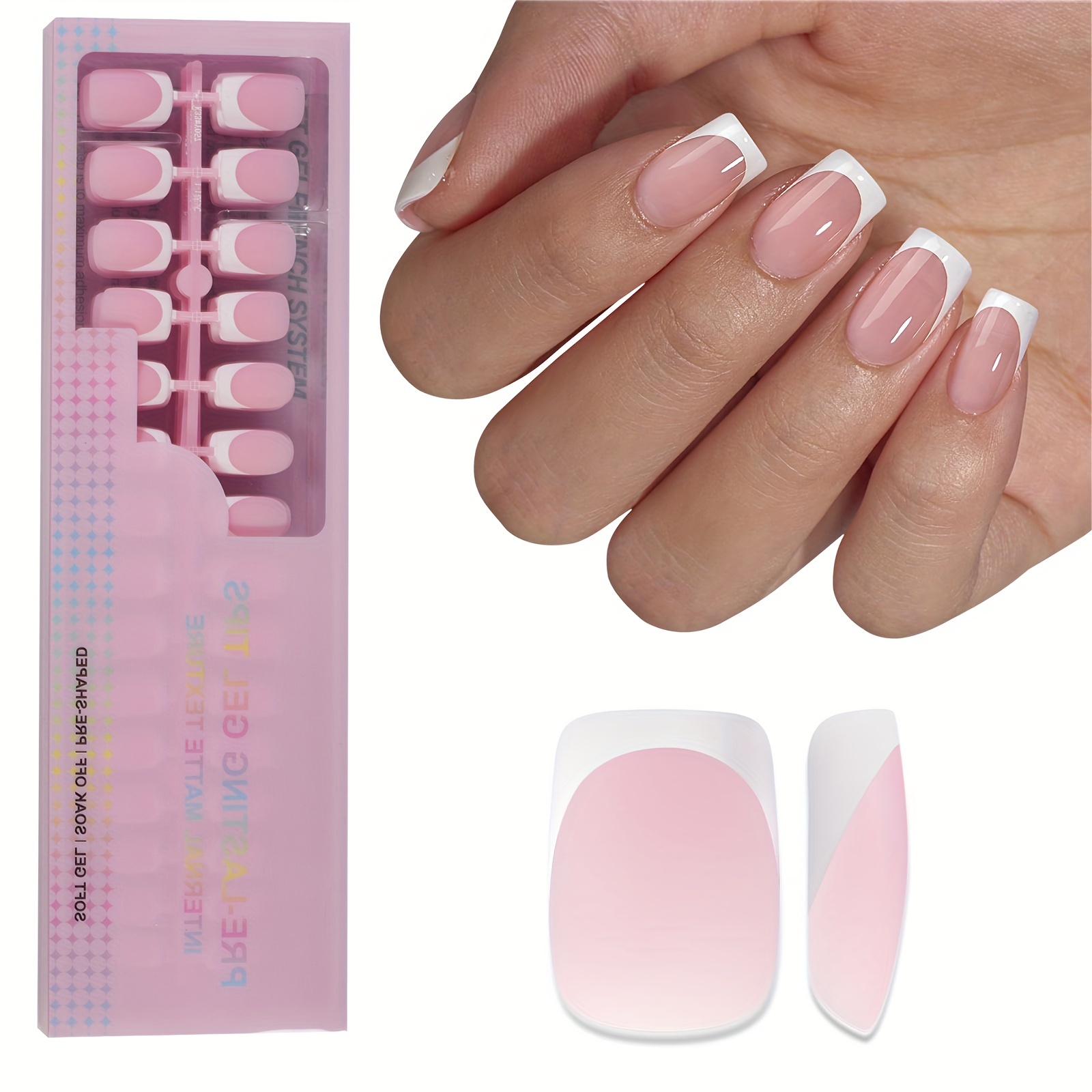 

150pcs Pink & White French Tip Gel Nail Tips Set - Short Square Press-ons For Diy Manicures, 15 Sizes, Matte Finish, Perfect For Women & Salon Use