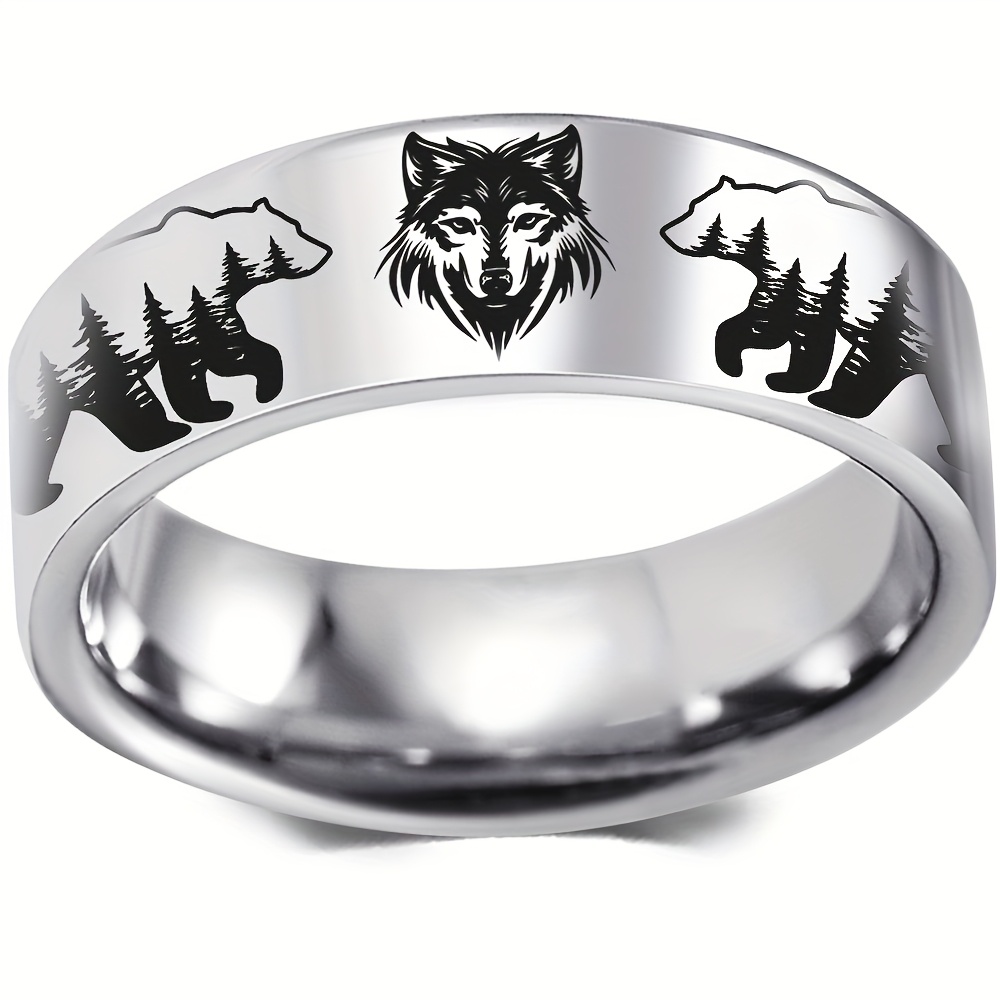 8mm Stainless Steel Bear and Wolf Engraved Wedding Band Ring