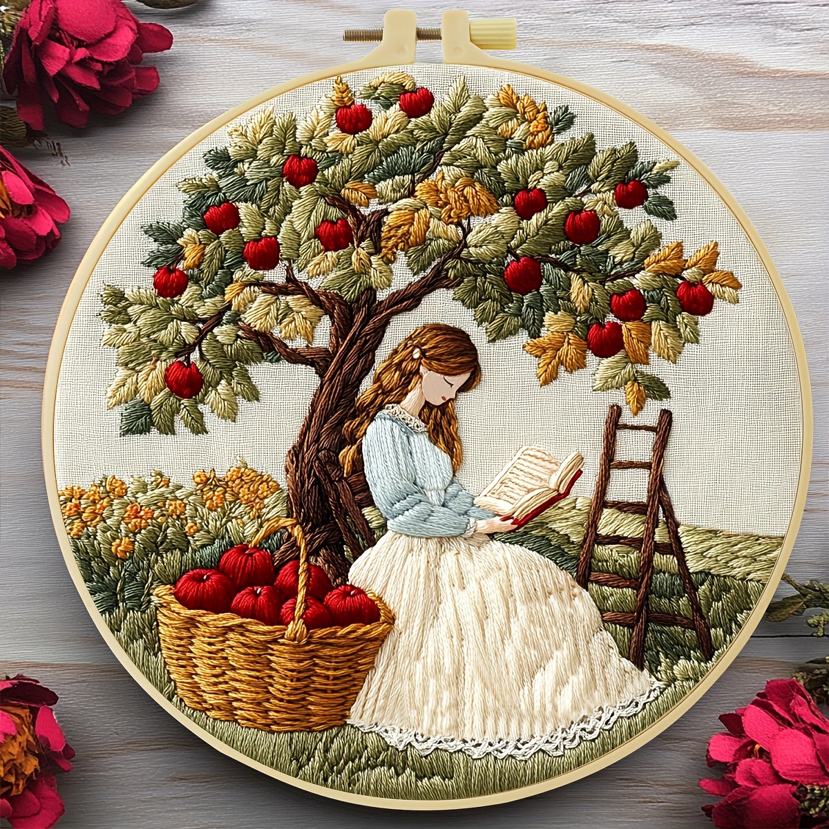 TEMU Zuoanlf 1pc Embroidery Kit, 20x20cm/7.9x7.9 Inches, Girl Reading Under An Tree, Handmade Diy Embroidery Kit, Suitable For Adult Beginners,
