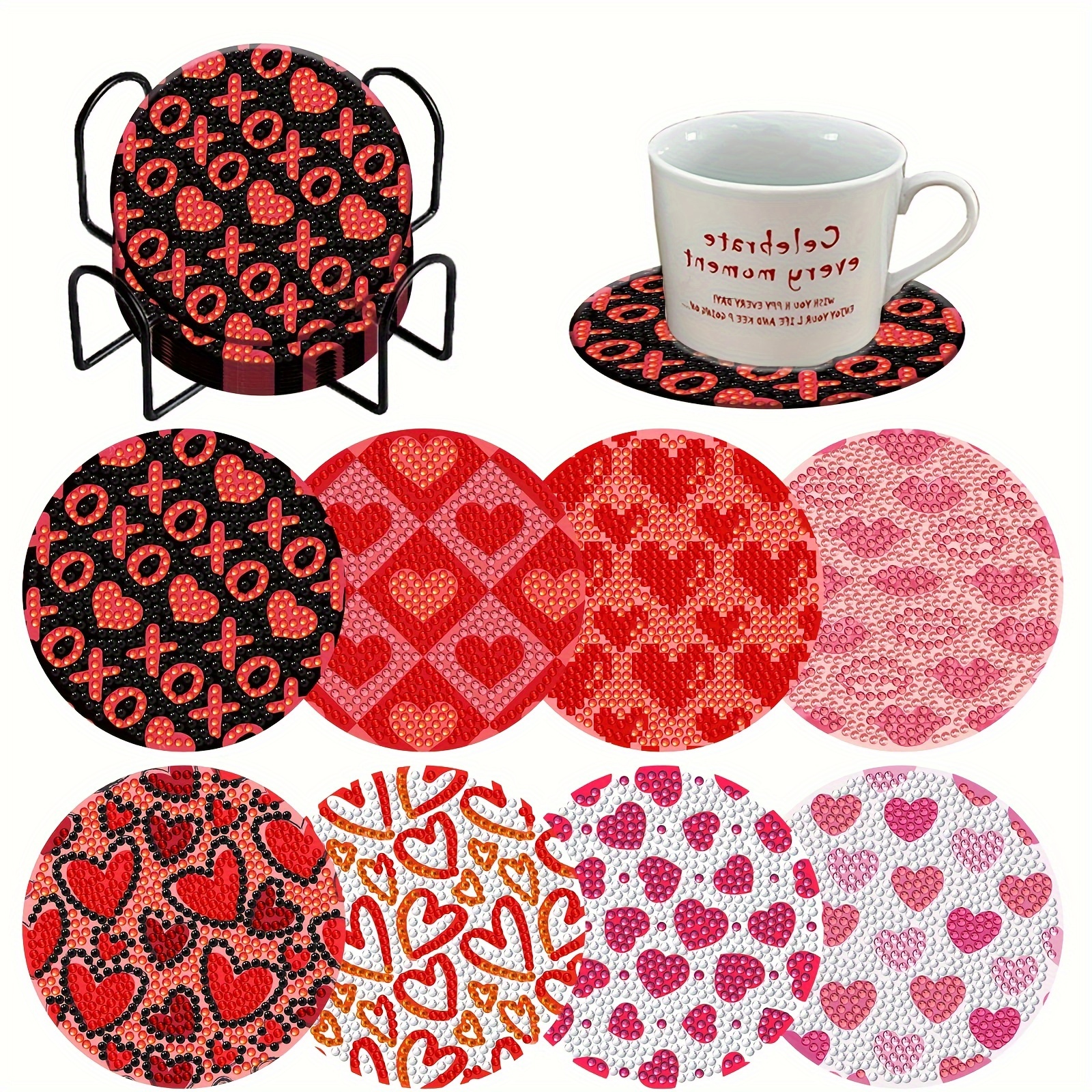 

8pcs Diy Diamond Painting Coaster Set With Display Stand - Love-themed, Round Wooden Craft Kit For Beginners & Adults - Includes "" & Heart Patterns, Home Decor, Brackets, Full Diamond Set