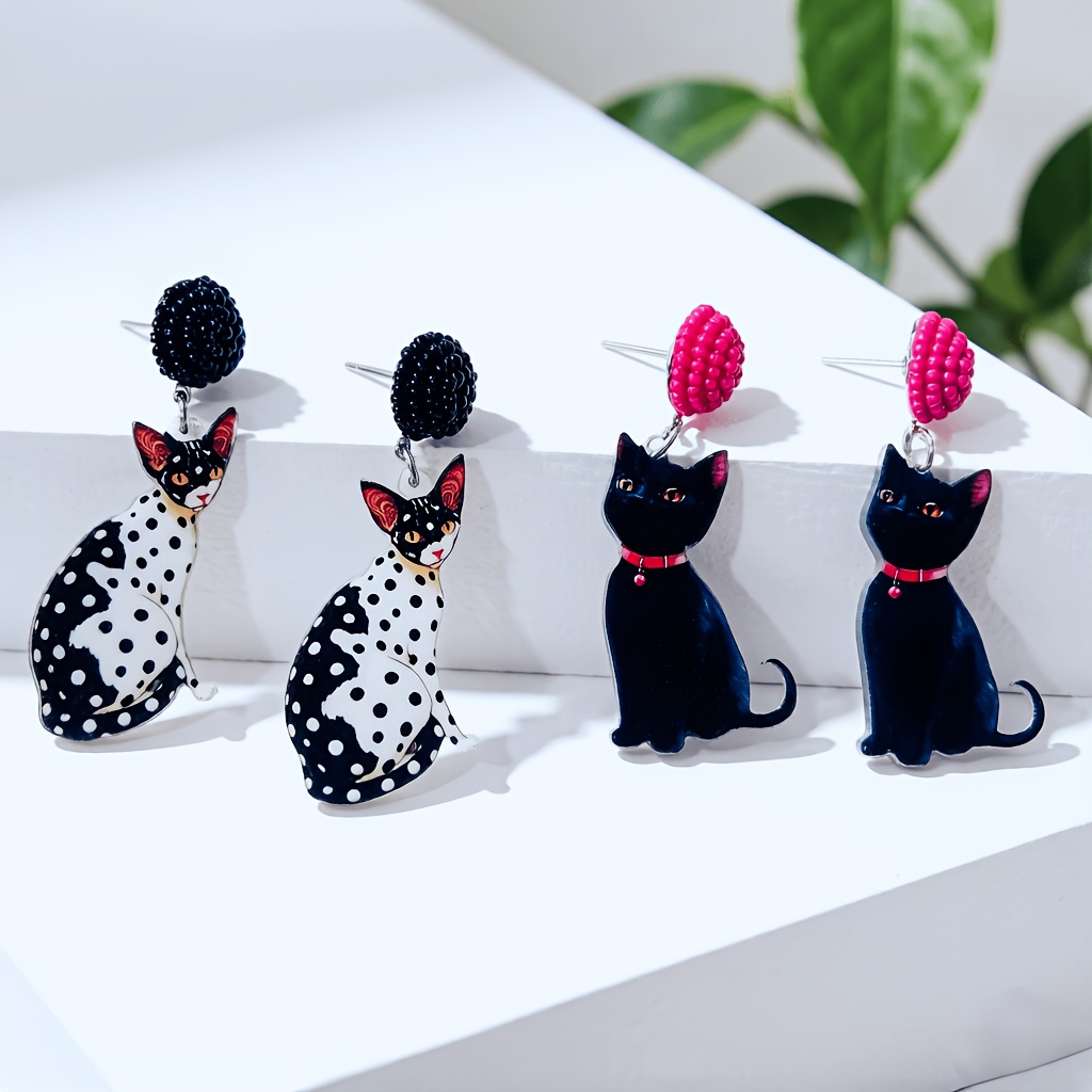 Handmade Cute Y2K Black and White Polka Dot Cat-Shaped Earrings