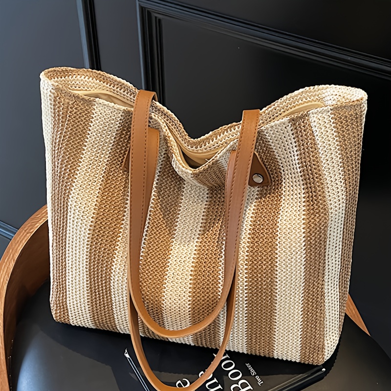 New Women's Striped Pattern Vintage Shoulder Bag, Large Capacity Versatile Straw Braided Multi-compartment Handmade Woven Tote Bag, Travel Backpack Beach Bag