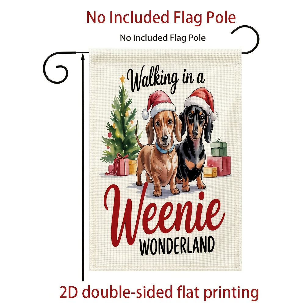 TEMU 2d Flat, 1 Garden Flag With 2d Flat Print, Dachshund Gift Box, "walking In A Weenie ," Warm- Pet Christmas Illustration, Double-sided Design