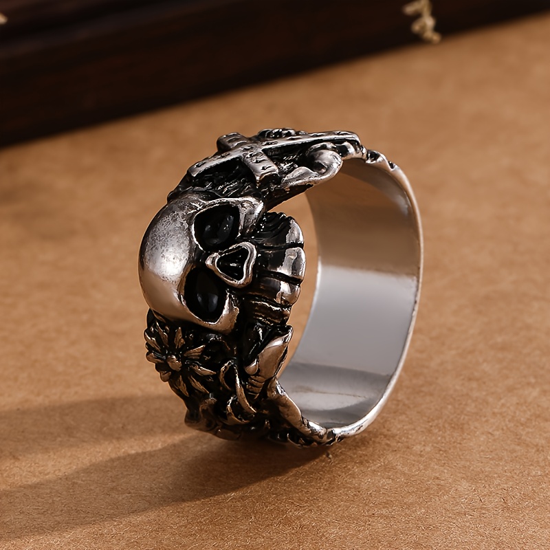 New Skull Copper Ring With Exquisite Carvings On Sides, Featuring Guitar, Flowers, Cross, Dark Style, , Ideal Halloween Gift., For Teenager, For Teenager