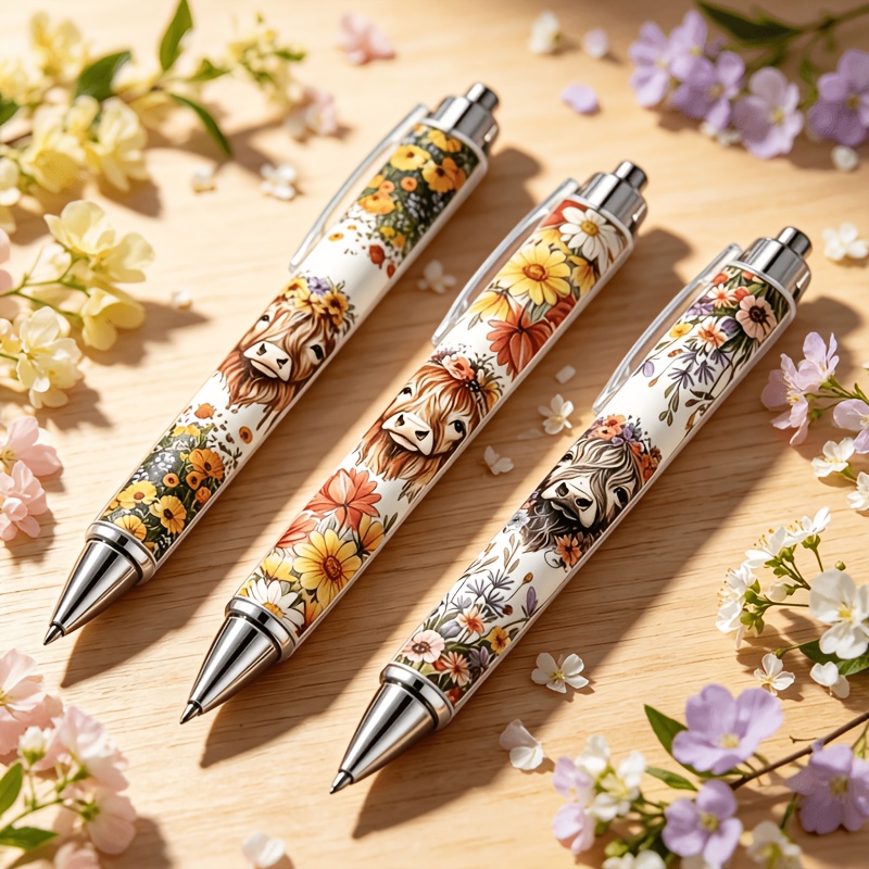 TEMU 3pcs Flower Highland Cow Ballpoint Pen, Cow Print, Click-type Signature Pen, Cute Stationery, Black Ink, Suitable For Office Supplies, School,