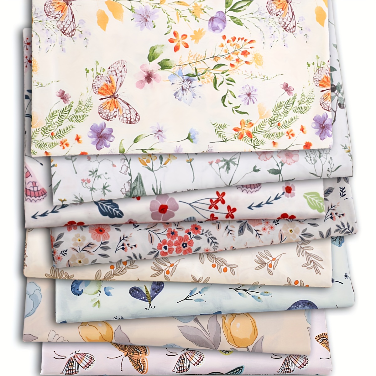 

Ensemble de 8 pièces de tissu de coton pré-coupé, 50cm x 50cm, lavage à la main uniquement, motifs floraux et papillons pour les de couture et de DIY, design sans répétition