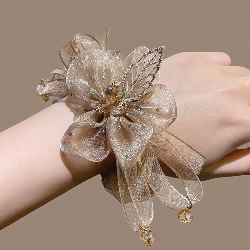 TEMU Elegant Organza Flower Scrunchies For Women, Luxury Floral Hair Ties With Tassel Pendant & Crystals, Premium Mesh Ponytail Hair Rope Hair