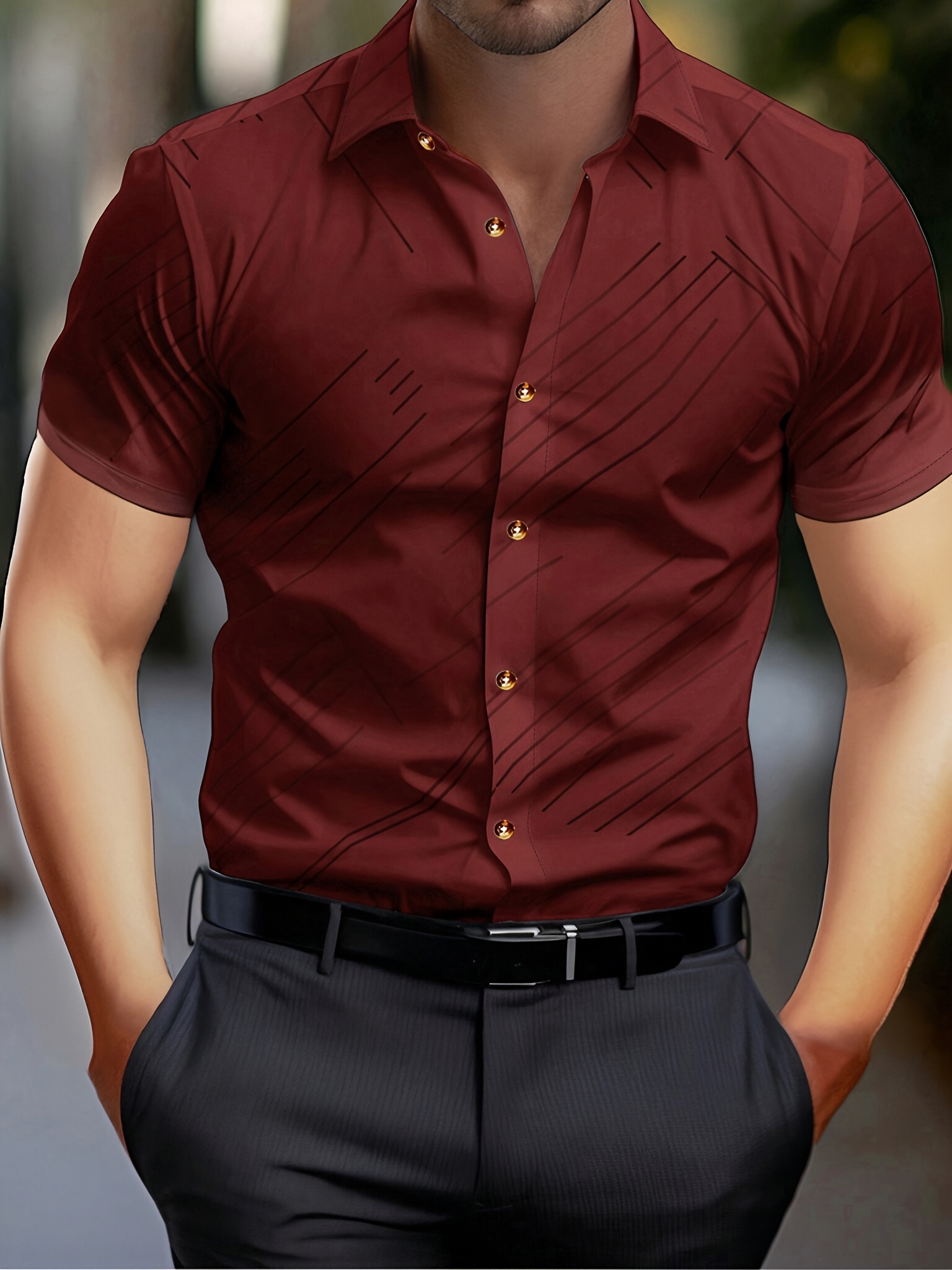 ανδρικό πουκάμισο με γεωμετρικό σχέδιο για επαγγελματική περιστασιακή φορεσιά - λευκό με μαύρο γεωμετρικό μοτίβο, πολυεστέρας, πλενόμενο στο πλυντήριο, κλασικός γιακάς, επαγγελματική περιστασιακή φορεσιά | κομψά κοντά μανίκια | μη ελαστικό υλικό,   Στοιχεία είδους 5