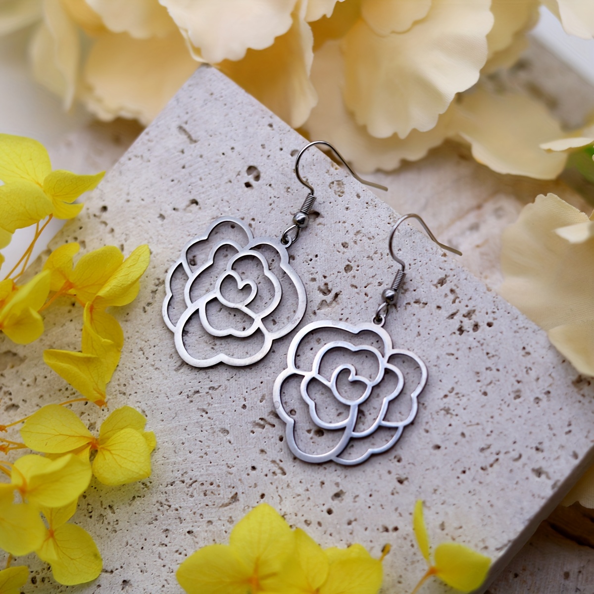 Vintage Rose Flower Stainless Steel Earrings, Elegant Design