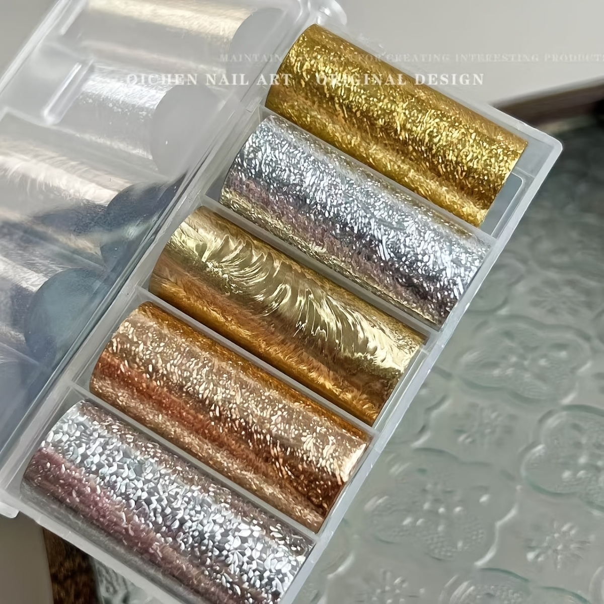 Image of Box Of 5 Metallic Mirror End Nail Foils With Golden And Silvery Starry Sky Patterns For Chrome Transfer, Perfect For Manicure Decoration And Nail Art Supplies