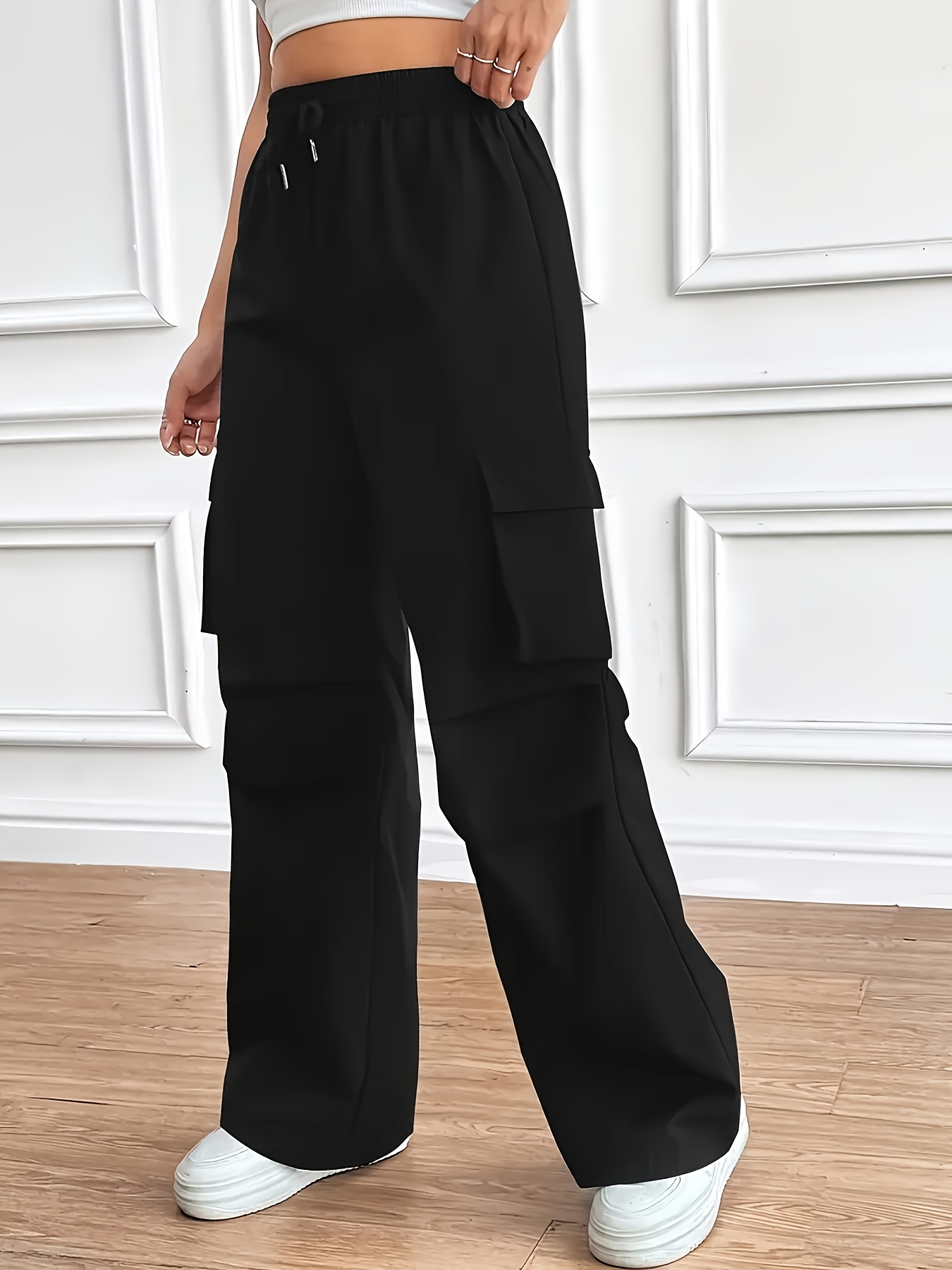 new y2k loose cargo pants for girls elastic waist with large side pockets machine washable   casual streetwear cute polyester trousers   outdoor