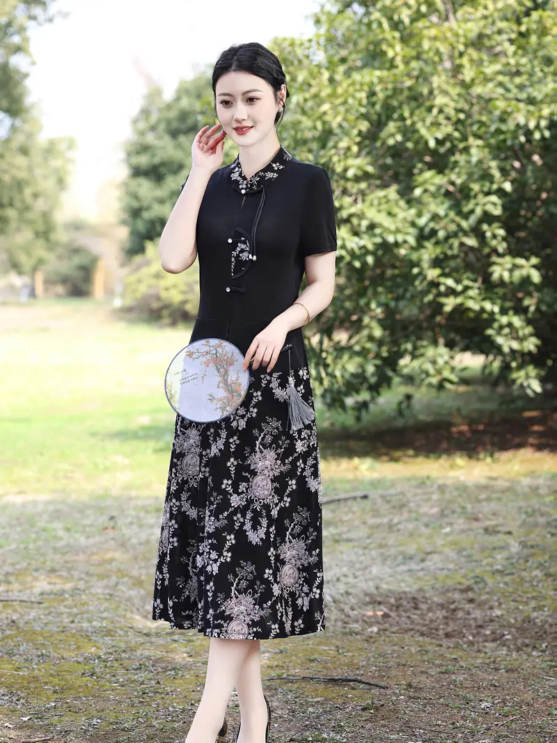 black chinese dress short Puff Sleeve Oriental High Neck Dress Name Modern Chinese Style Dress Black Short Sexy Qipao Dress Women