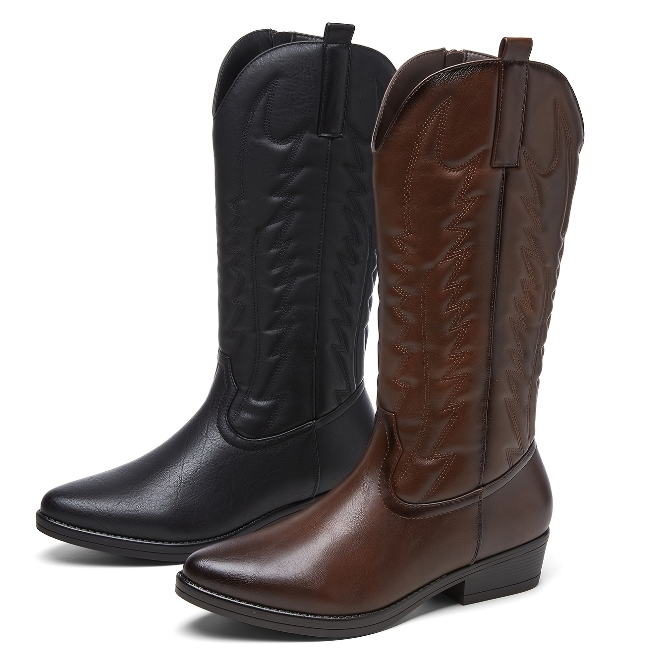imagen del artículo botas de   bordadas con estilo para mujer, abertura  , tacones anchos,   western modernas y cool, punta clásica vintage, diseño con cremallera lateral, botas de media pantorrilla y botas largas, zapatos de mujer