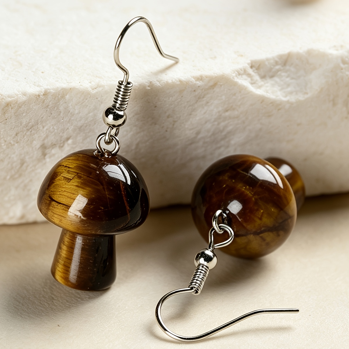Women's Natural Tiger Eye Mushroom Earrings, Bohemian Style