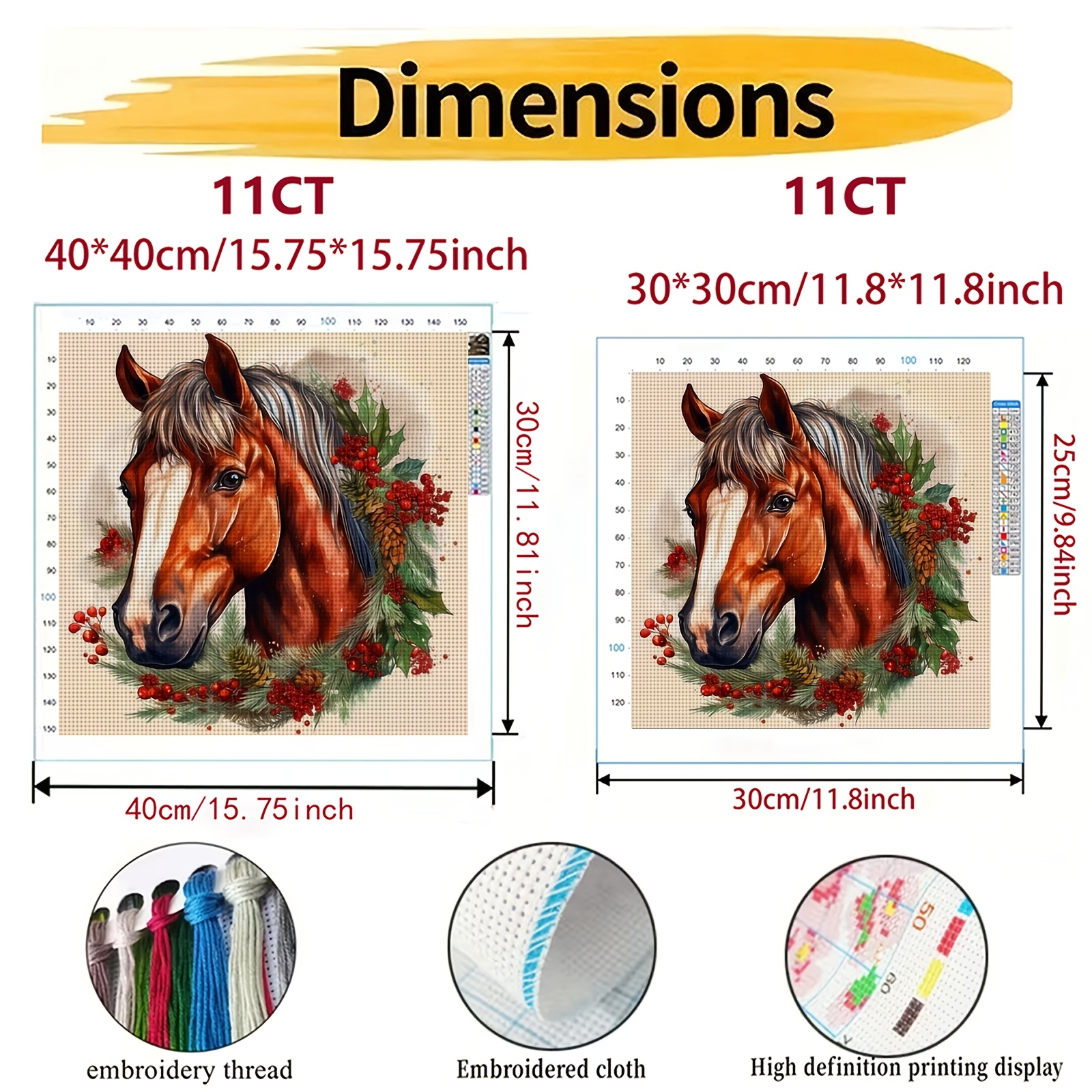 Cross-Stitch Kit Featuring Horses and Christmas Wreath Design