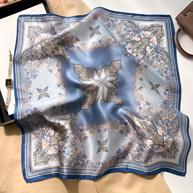 TEMU . Elegantes blau-weißes florales quadratisches Bandana-Tuch - 100% Maulbeerseide, weich und bequem, geeignet für Freizeit, Pendeln und