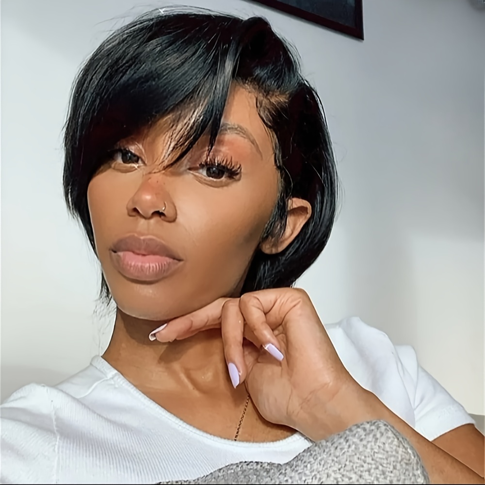 short straight bob wig human hair natural black 13x4 lace - Temu display picture 1
