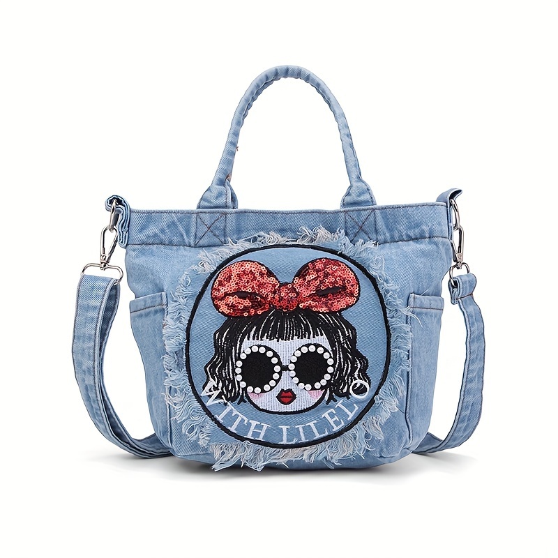TEMU Fashion Wash Denim Bag Exquisitely Embroidered Handbag