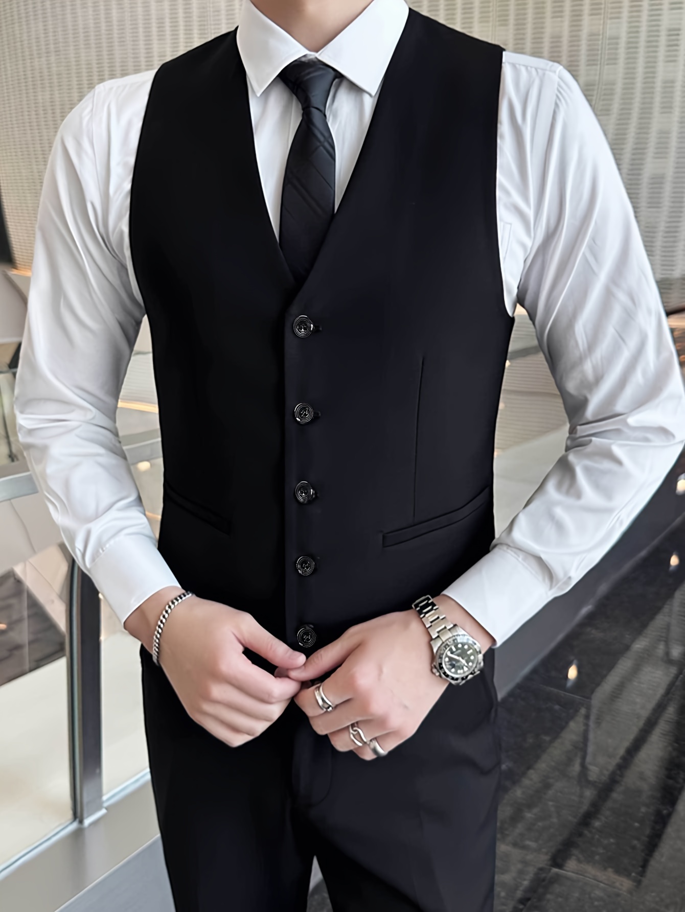 *'S Black Vest with White Shirt Tie Casual Button-* Long Sleeves  Weddings, Formal Events, and Casual Attire
