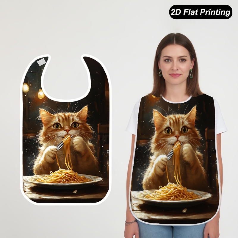 TEMU Bavoir 1 pièce avec impression 2D plate d'un chat mangeant des spaghettis, serviette de repas -éclaboussures pour adultes et seniors, design
