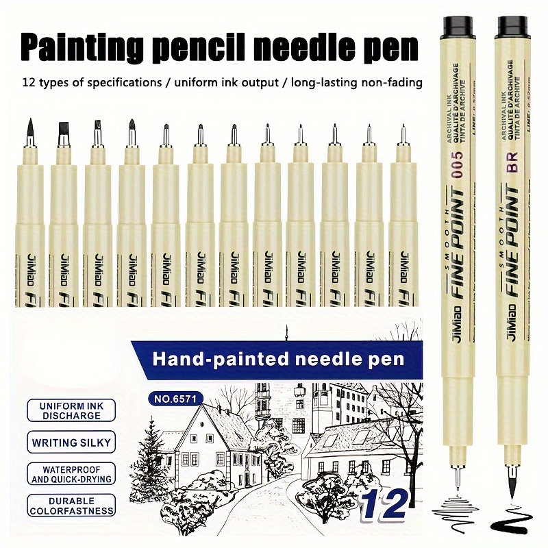 

12pcs Medium Tip Needle Pen Set Waterproof Pencils, Non-smudge, Perfect For Artistic Brushstrokes And Anime Drawing Hand Drawn Comic Sketch Drawing Pen