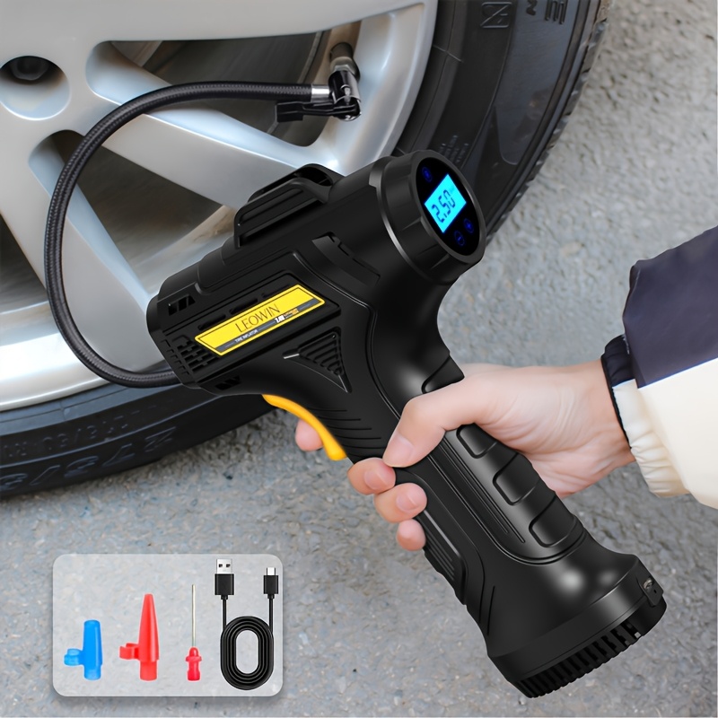 TEMU Pompe à Air Portable avec Arrêt Automatique, Compresseur d'Air Manuel, Pompe à Pneus Fil 150 PSI avec Manomètre Numérique/Lumière LED pour