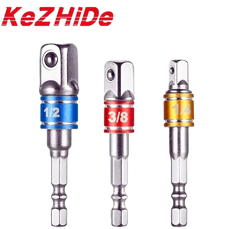 Image of Kezhide 3pcs Set Features Color-coded Impact Socket Adapters - 1/4 Inch, 3/8 Inch, And 1/2 Inch Hex , Compatible With Cordless Drills, Made Of Durable Alloy, Square Drill, Extension Kit
