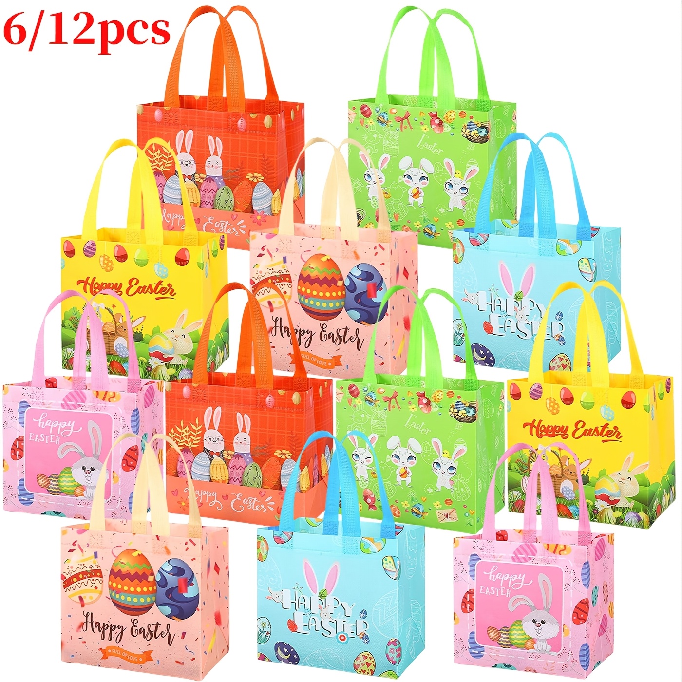 TEMU 6/12pcs Easter Tote Bags With Handles - Reusable Non-woven Gift Bags For Easter Baskets, Easter Party Supplies, Easter Party Decorations, Easter Party Favors