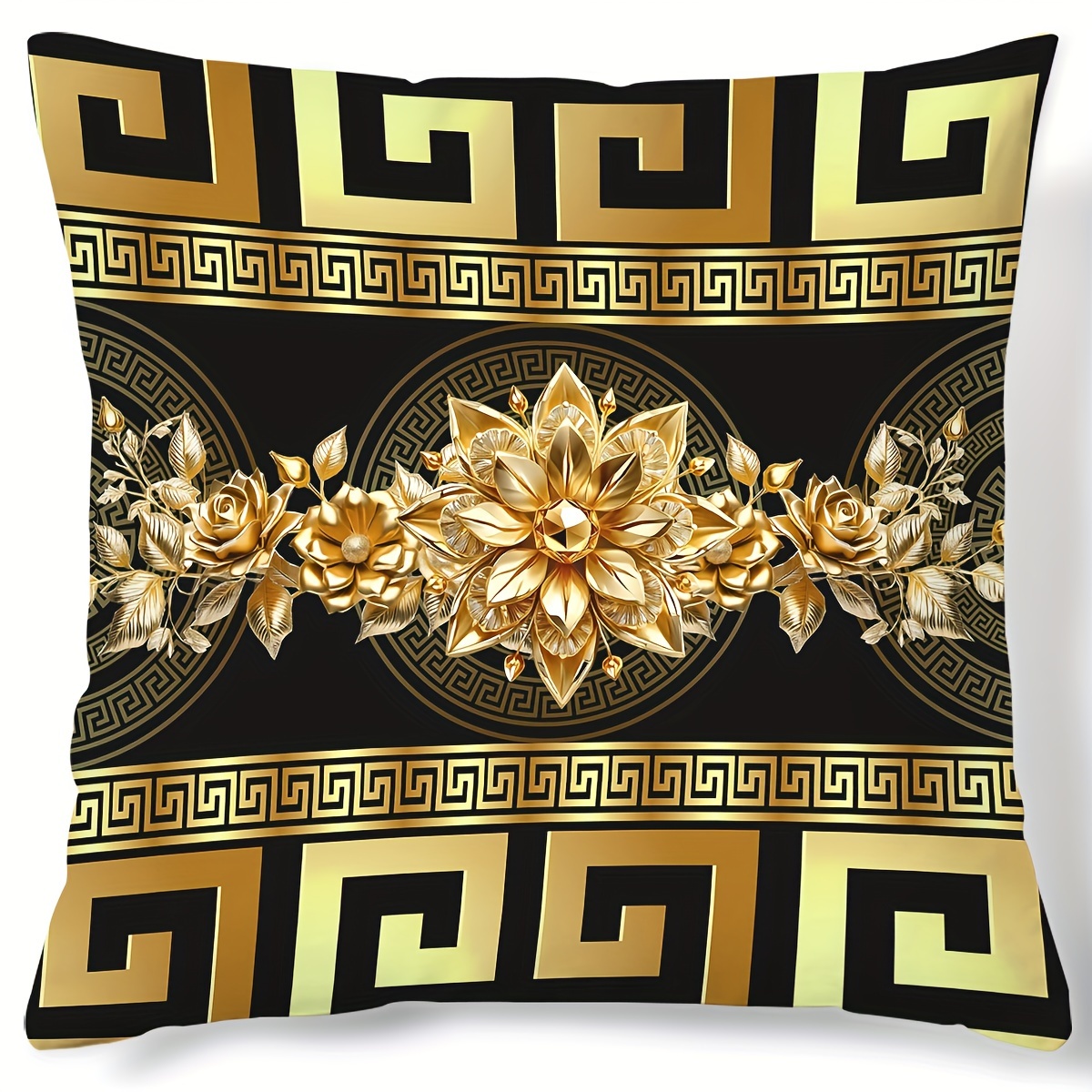 

Contemporary Throw Pillow Cover With Golden Floral And Greek Key Design - 17.7x17.7 Inch Decorative Pillowcase, Single-sided Digital Print, Polyester, Zipper Closure For Sofa And Home Decor (1pc)