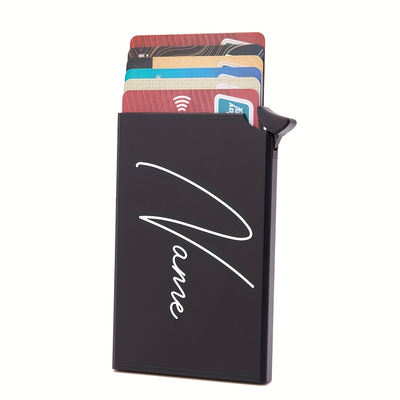 TEMU Customizable Ultra-thin Rfid-blocking Metal Wallet, Unisex - Black, Personalized Name Engraving, Pop-up Card Slots, Anti-theft Protection,