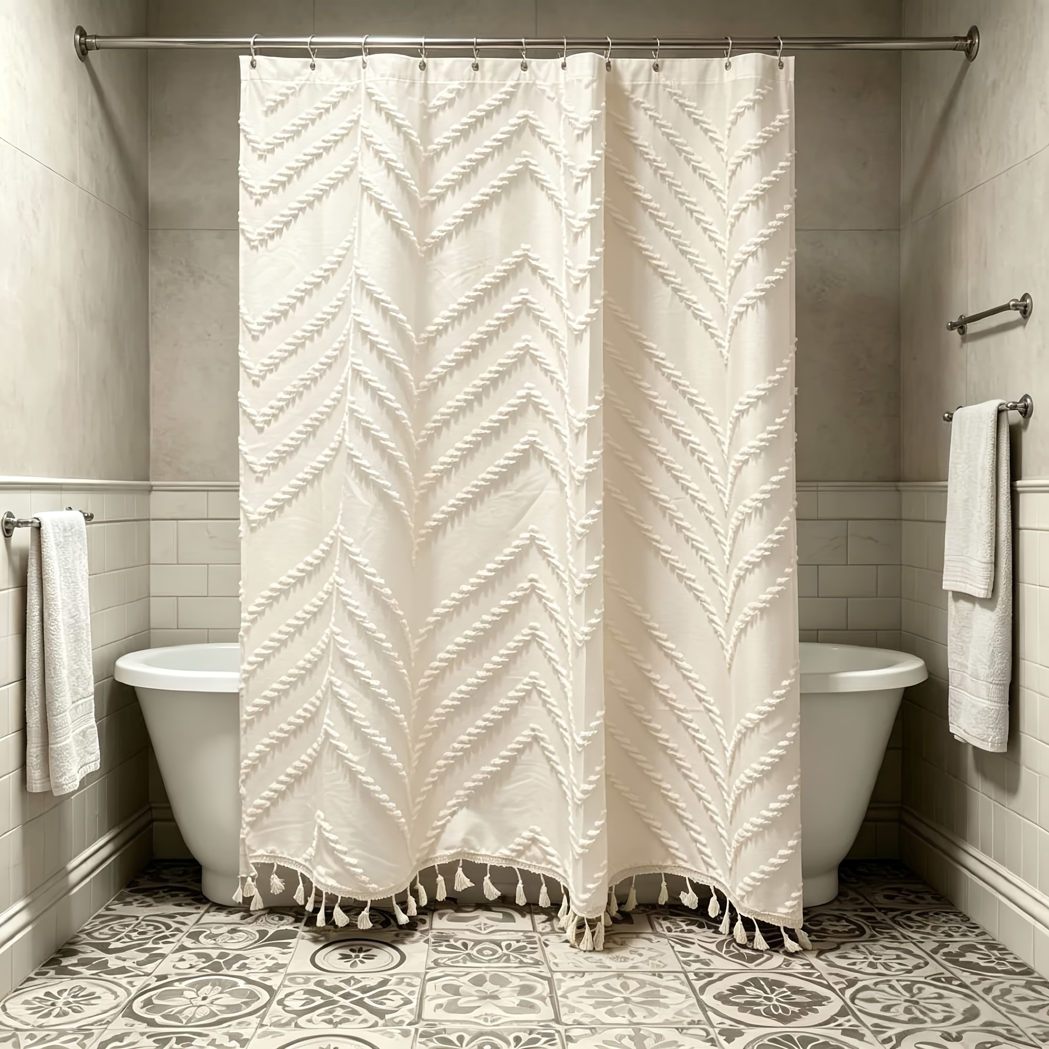 Image of 1pc 70x70in Bohemian Style 3d Cutout Tassel Shower Curtain, Bathroom Curtain, Home Decor Curtain, Shower Curtain And Hooks