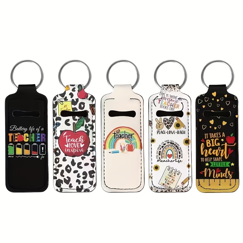 TEMU Ensemble de 5 porte-baume à lèvres en néoprène sur le thème de l'enseignant, porte-clés, étui à rouge à lèvres élastique, pochette accessoire de