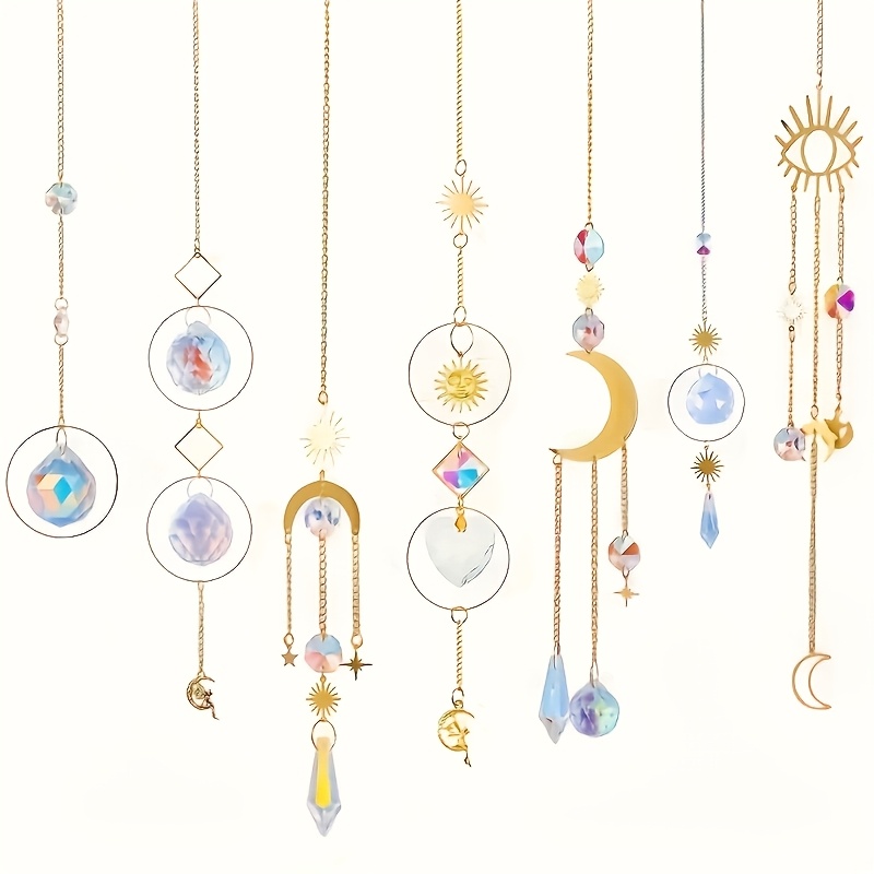 TEMU 7er-Set Kristall-Garten-Sonnenfänger zum Aufhängen, goldene Mond-Stern-Garten-Sonnenfänger mit Kette, bunte