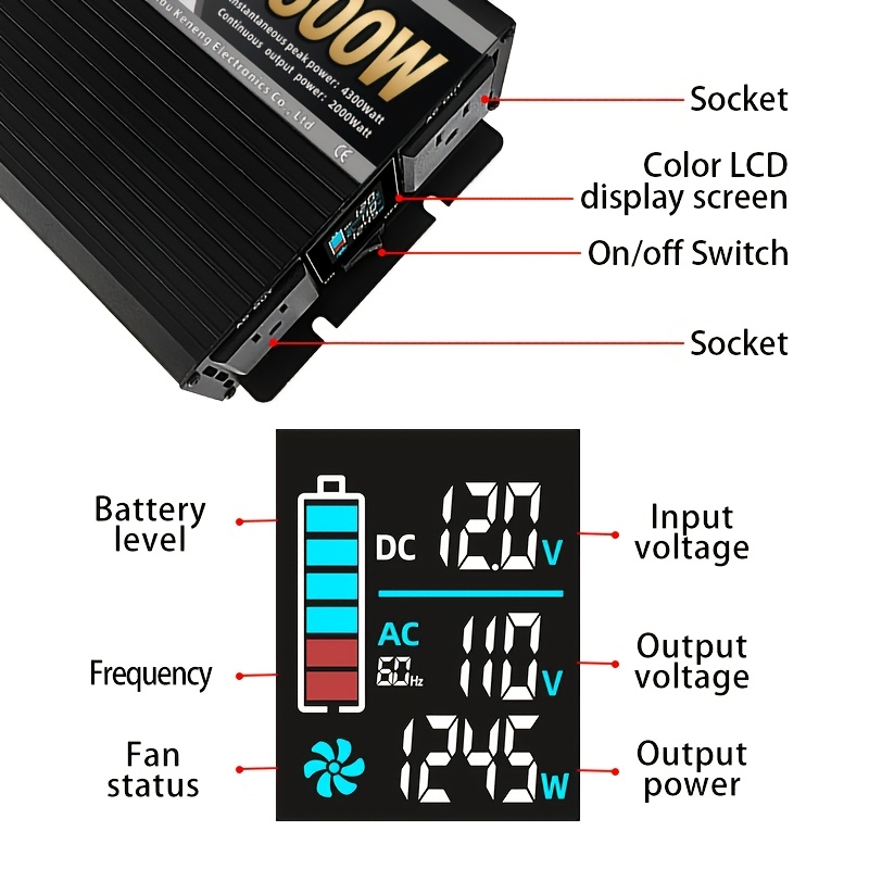 3300W Pure Sine Wave Inverter 12V DC to 120V AC Converter for Home, RV, Truck, Off-Grid Solar Power Inverter with Built-in 5V/ 2.1A USB, AC Hardwire Port