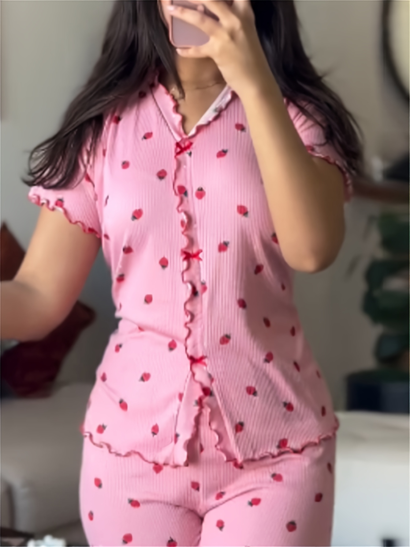 25AW Home Wear Trend 2pcs Strawberry Print Stand Collar Short Sleeve T-Shirt and Pants Pajama Set