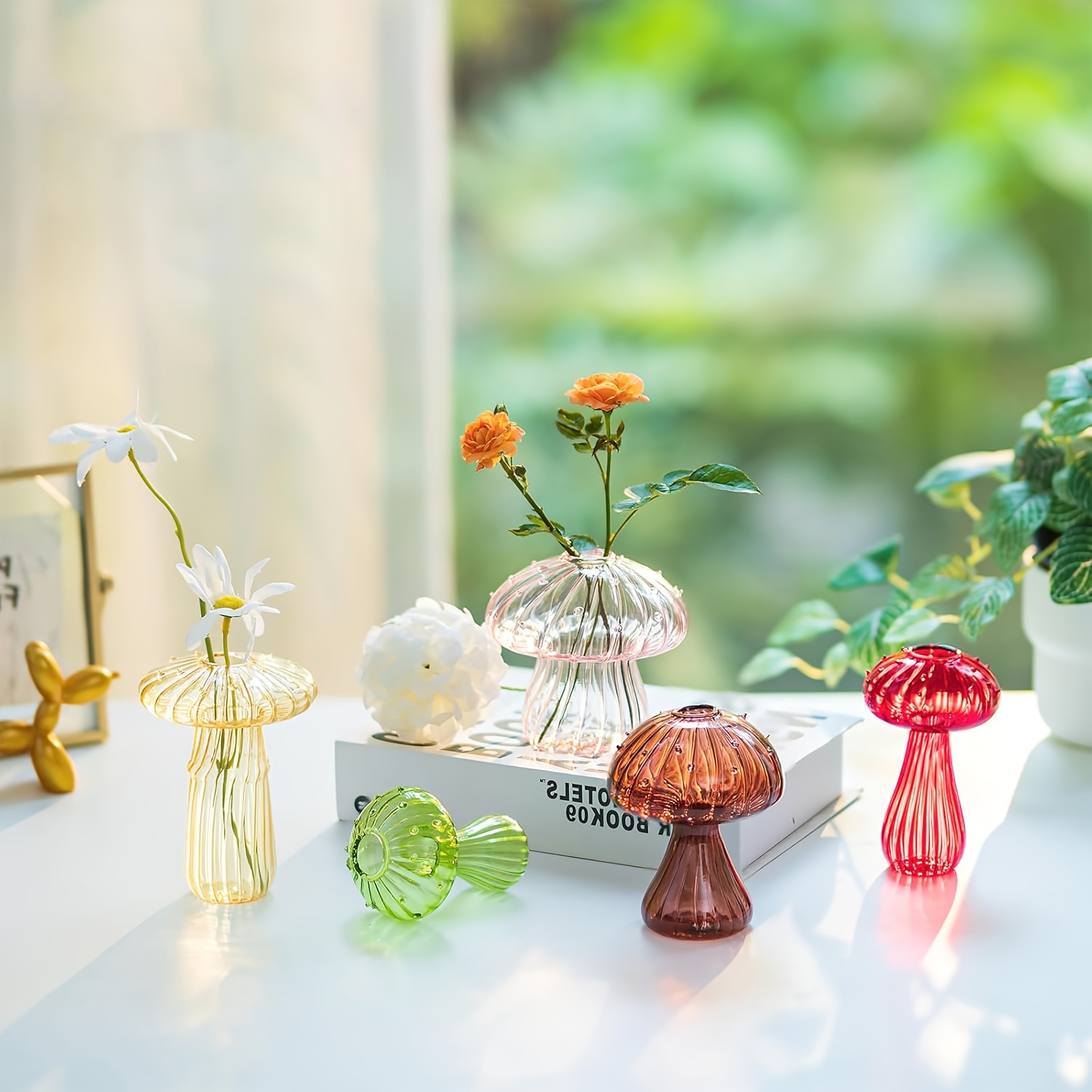 

5pcs/6pcs Mushroom Colored Glass Vase Set, Home, Hotel, Office Decor - Suitable For Water Plants