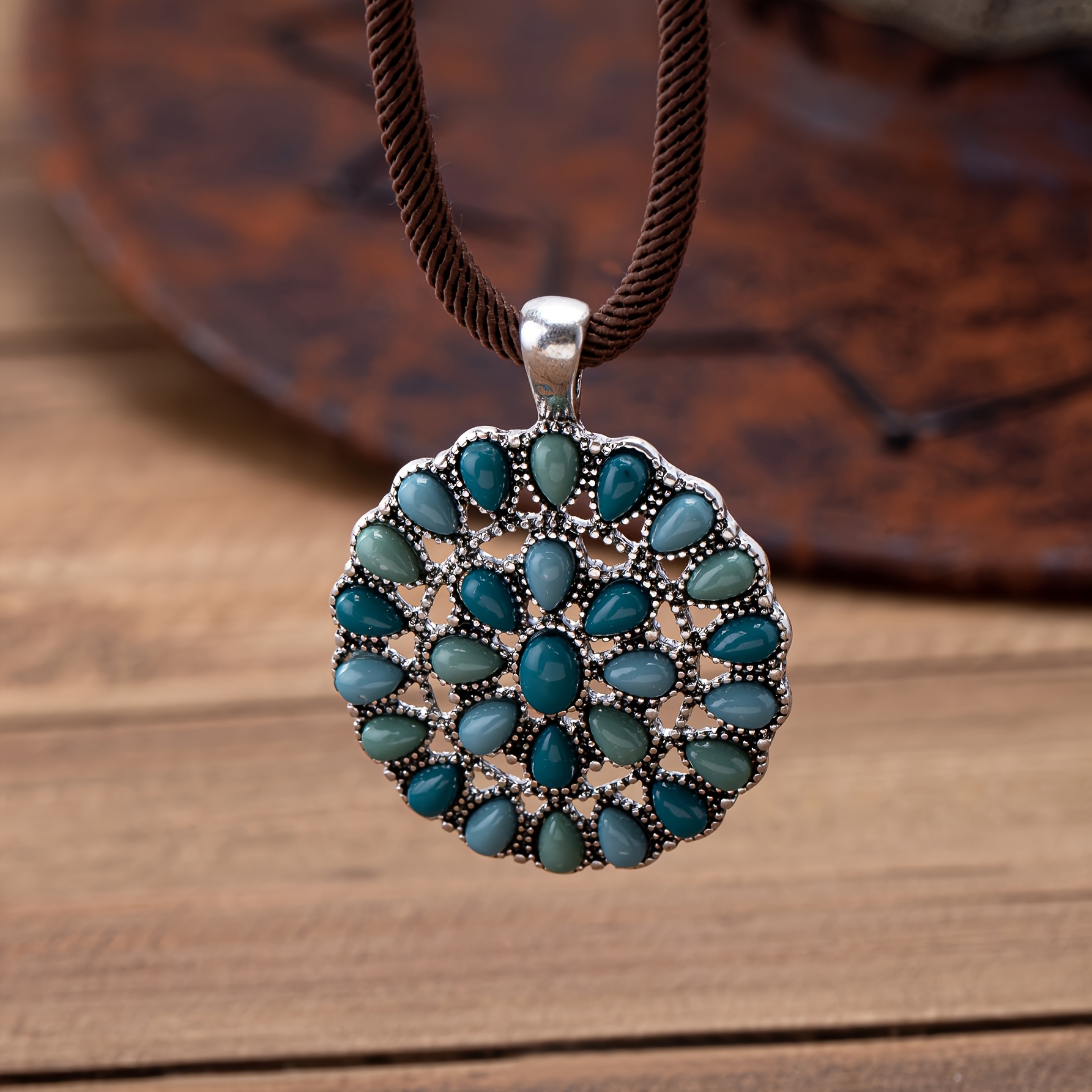 Image of A Round Hollow Water Drop Pendant With A Bohemian Western Style, Resembling Turquoise, Perfect For Creative Vacations And Everyday Wear For Women