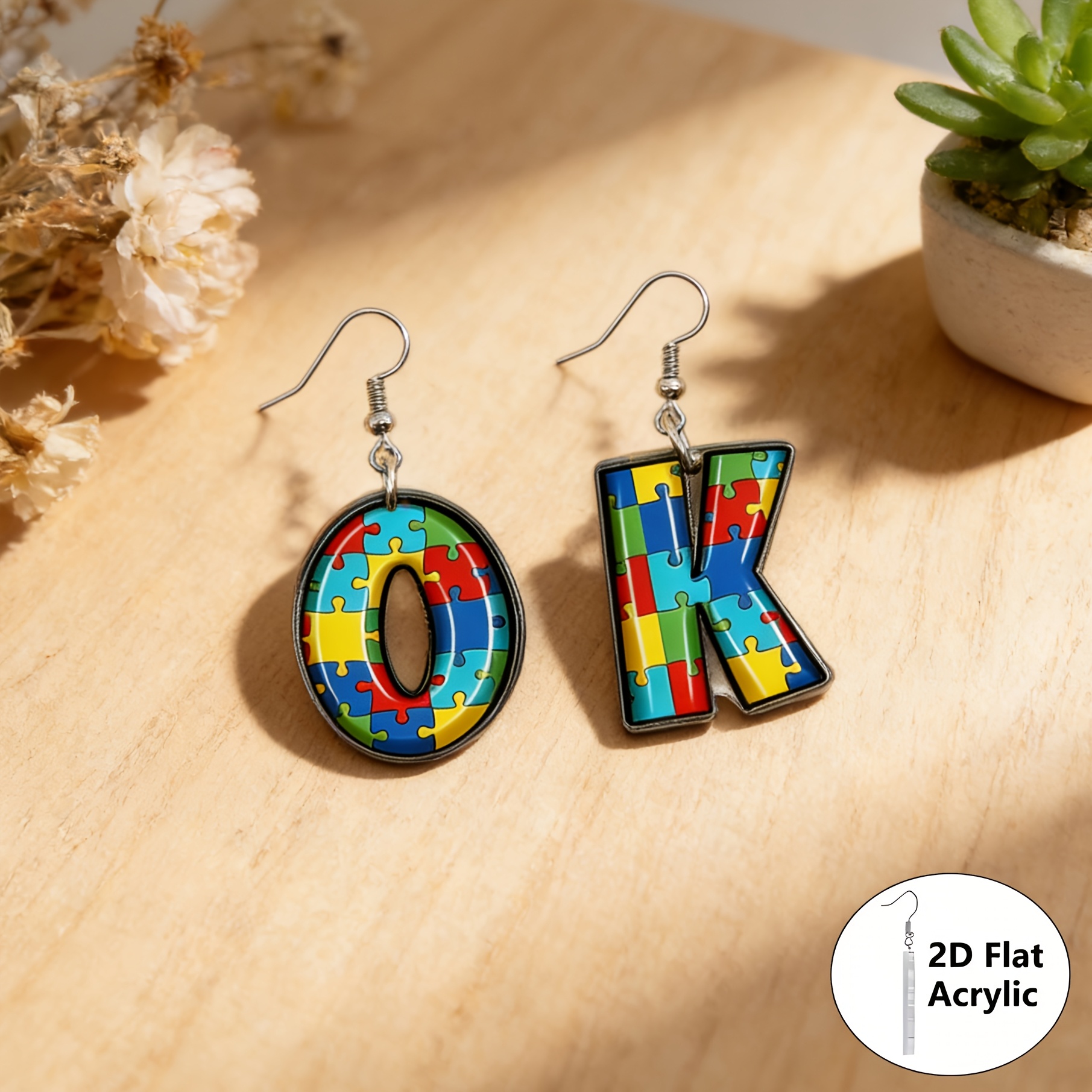 Cute "OK" Autism Puzzle Acrylic Cartoon Earrings