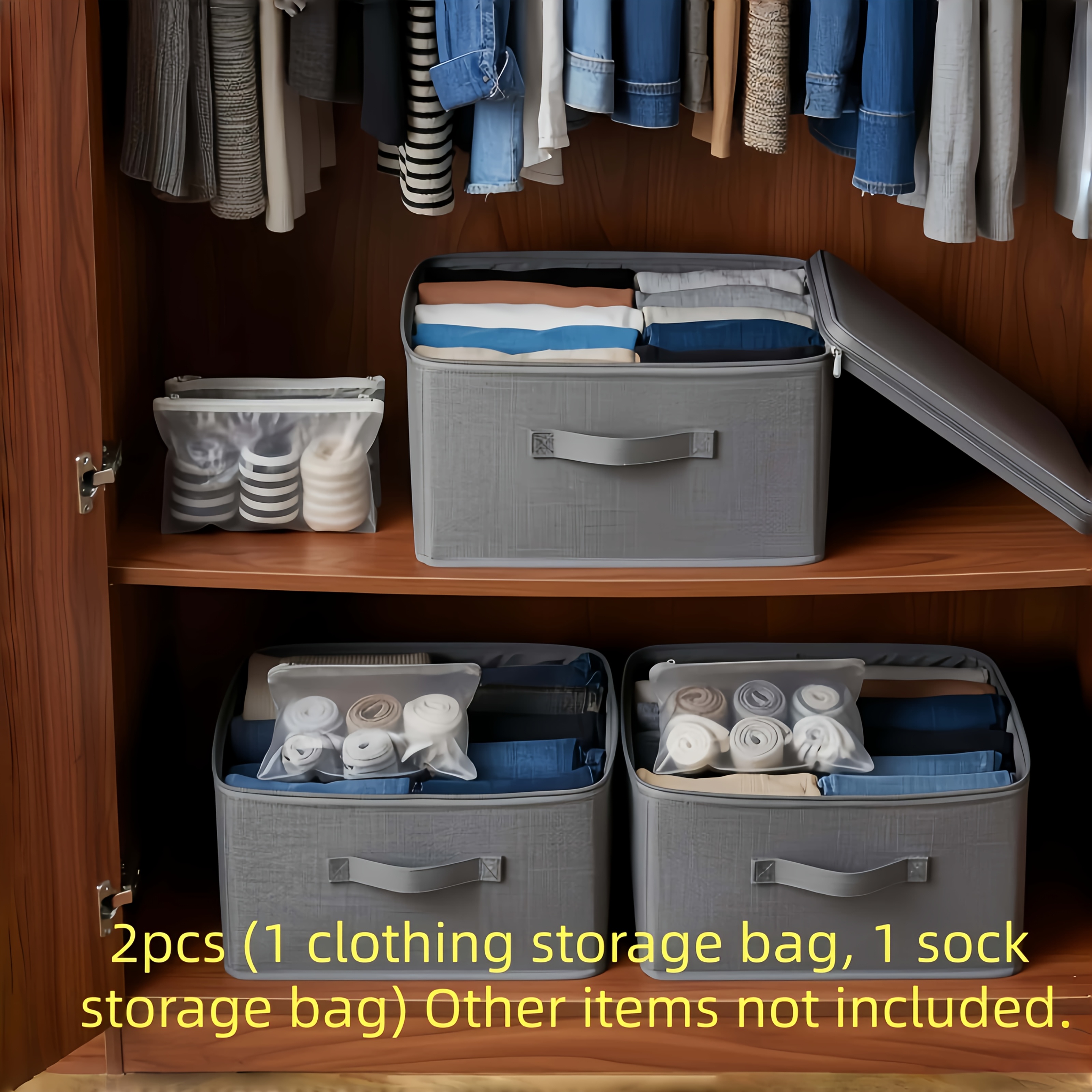 TEMU 2pcs 1pc Foldable With Lid Large Capacity Storage Box And 1pc Zipper Pouch Home Closet Organizer Dustproof And Clothing And Bedding Storage Box