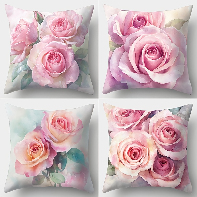 

4-pack Contemporary Pink Rose Watercolor Print Pillowcases, 17.7x17.7 Inch, Machine Washable Polyester, Zipper Closure, Decorative Cushion Covers For Living Room Sofa