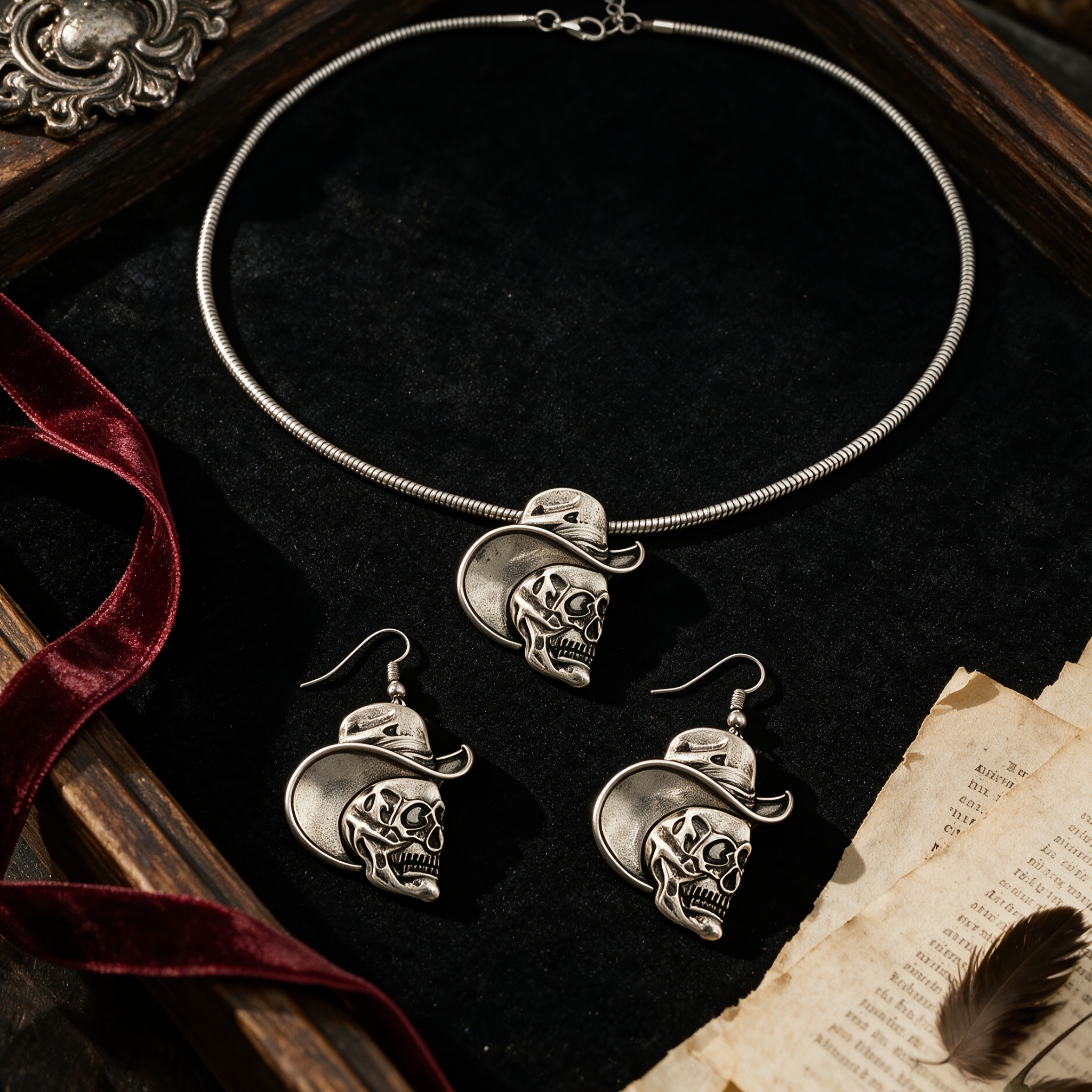 2pcs Women's Vintage Distressed Denim Hat Skull Necklace Earrings Set