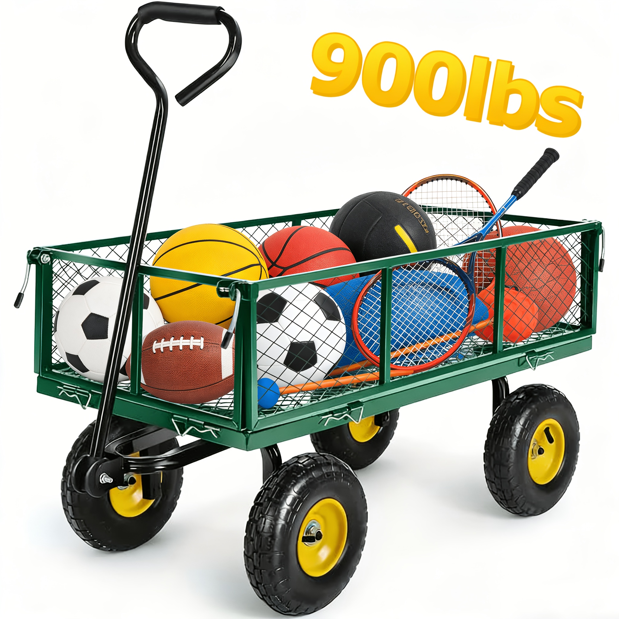 Image of Track And Field Equipment Transport Cart, Heavy Duty Mesh Steel Garden Wagon With 10" Pneumatic Wheels, Removable Sides Utility Trolley For Camping, Sports, Yard Work, Farm, Moving