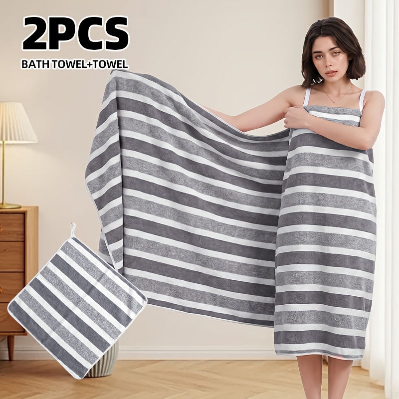 TEMU Ensemble de 2 serviettes de bain à rayures larges et colorées, comprenant 1 serviette de bain extra large de 90 x 180 cm [35.43 x 70.87 pouces]