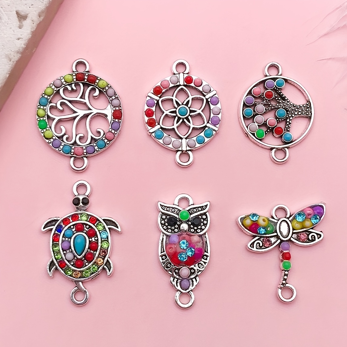 TEMU 6 pièces Charmes Connecteurs Arbre de Vie Tortue et en Alliage Émaillé, Anneaux Colorés avec Arbre, Charmes Antiques Argentés à 2 Trous pour la