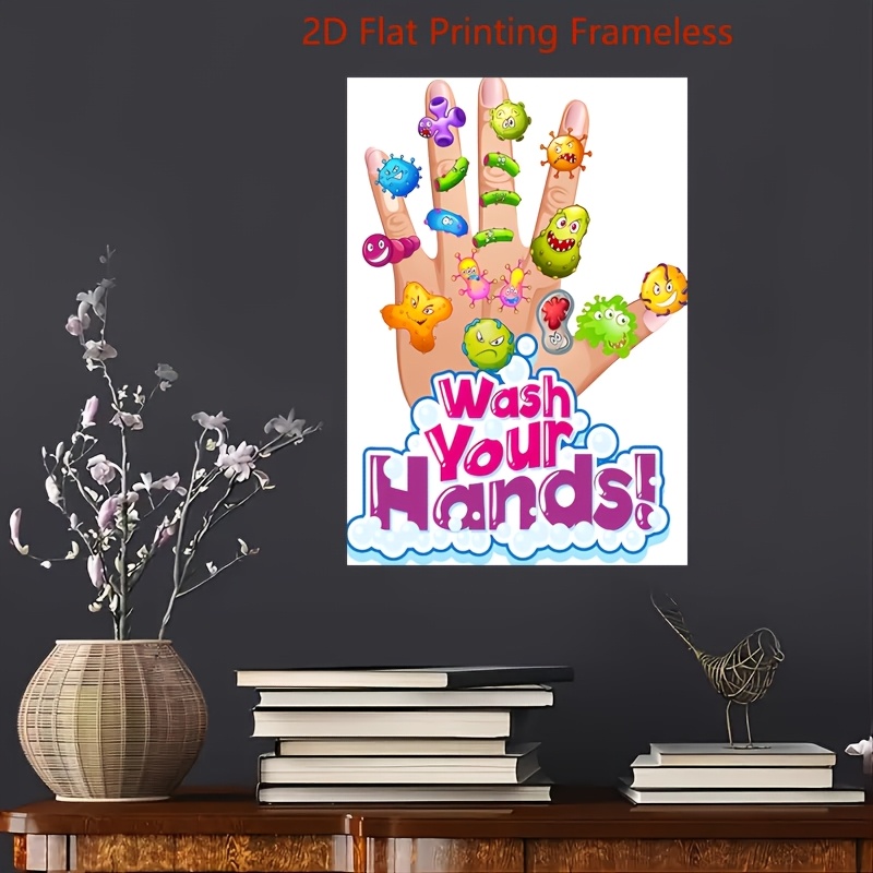 TEMU 2d Flat, 2d Flat Printing Frameless, "wash Your Hands" Educational Canvas Poster 12x18" - Frameless Wall Art For Classroom, Decor, Perfect For