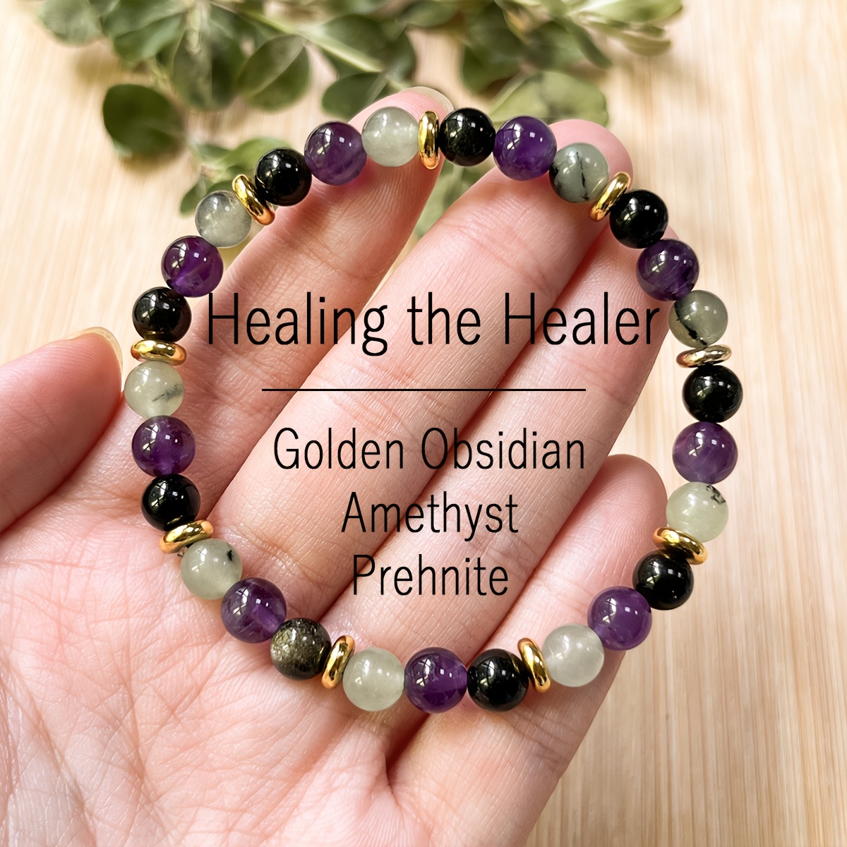 TEMU Bracelet, Crystals, Reiki Infusion, Prehnite, Amethyst & Natural Stone Handmade Beads 6mm Gemstone, Emotional Support, Chakra Jewelry, Anxiety
