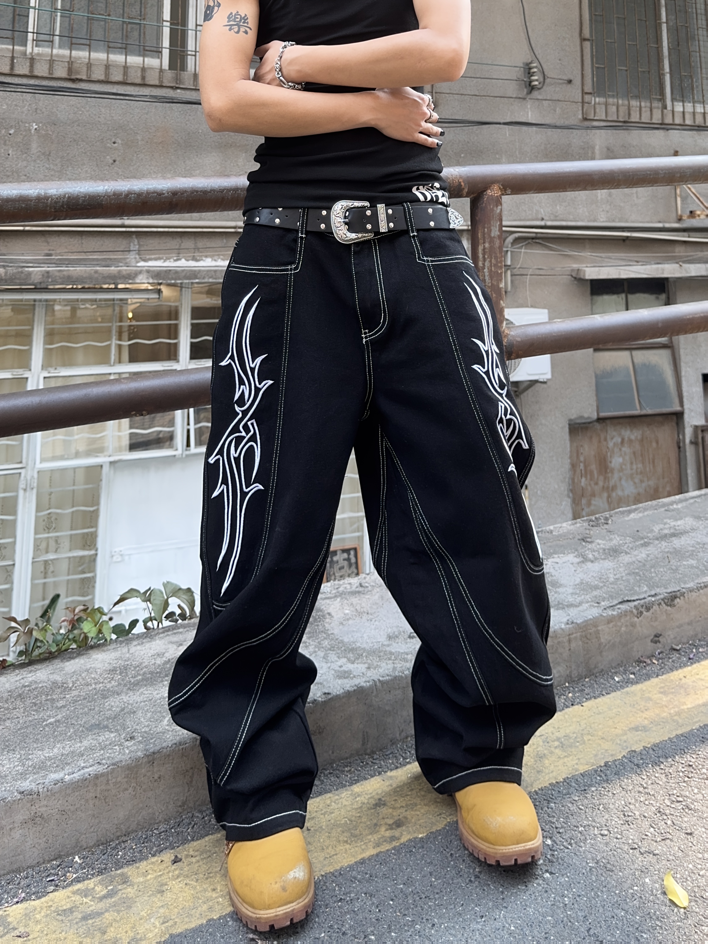1pc *- Jeans Black Non-Stretchy Fit, Wide-Leg Trousers with Everyday to  Formal Outfits, Machine Washable Streetwear Pants for