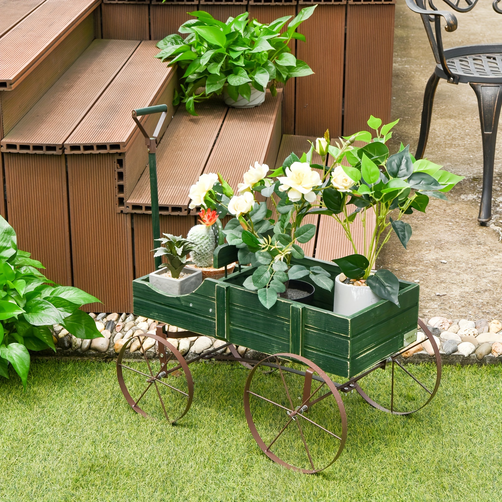 COSTWAY Wooden Garden Planter Wagon with Metal Wheels