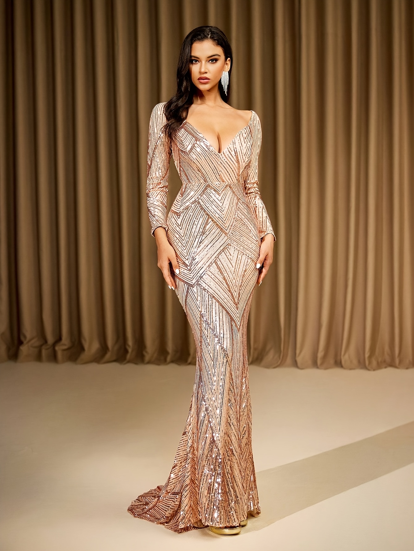 golden long sleeve backless v neck sequined evening gown a - Temu Mauritius