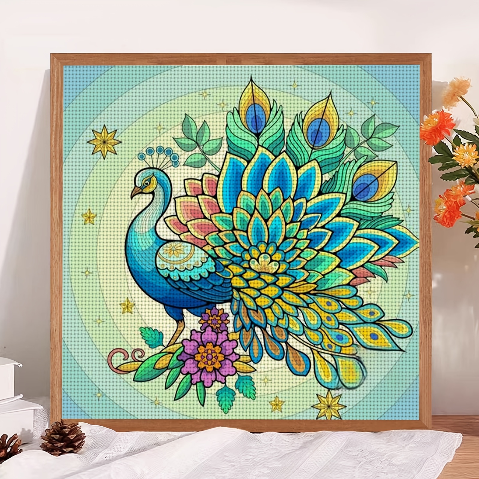 Cross-Stitch Printing Kit, 'Colorful Feather Peacock Illustration' Design